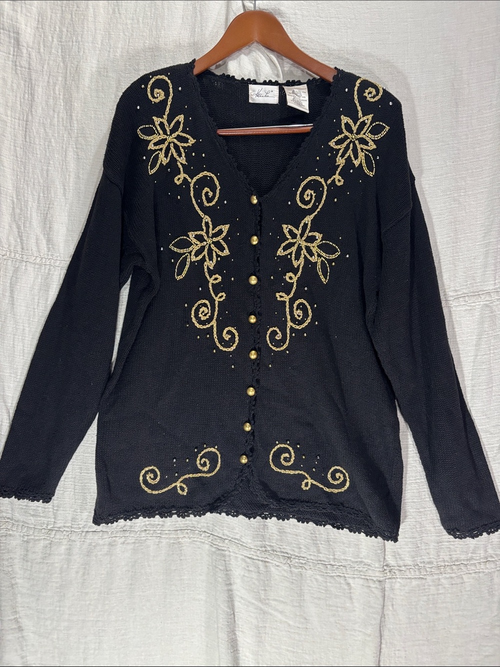 VTG Kathie Lee Beaded Floral Embroidery Cardigan Black Gold Ramie Cotton 90s XL